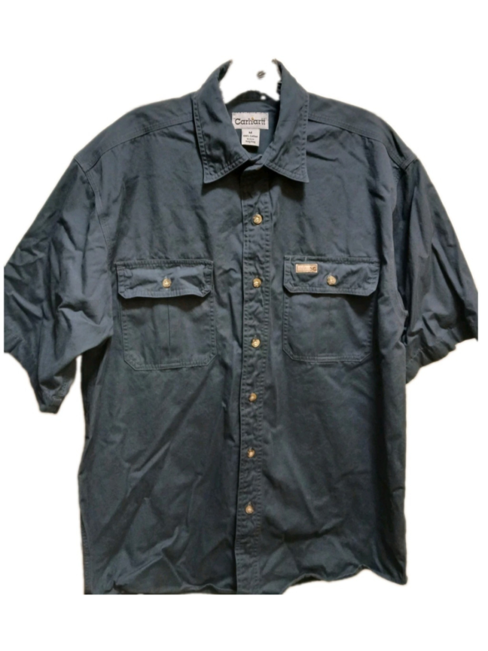 Vintage Carhartt Mens Short Sleeve Work Shirt Button Down Sz M Blue Cotton